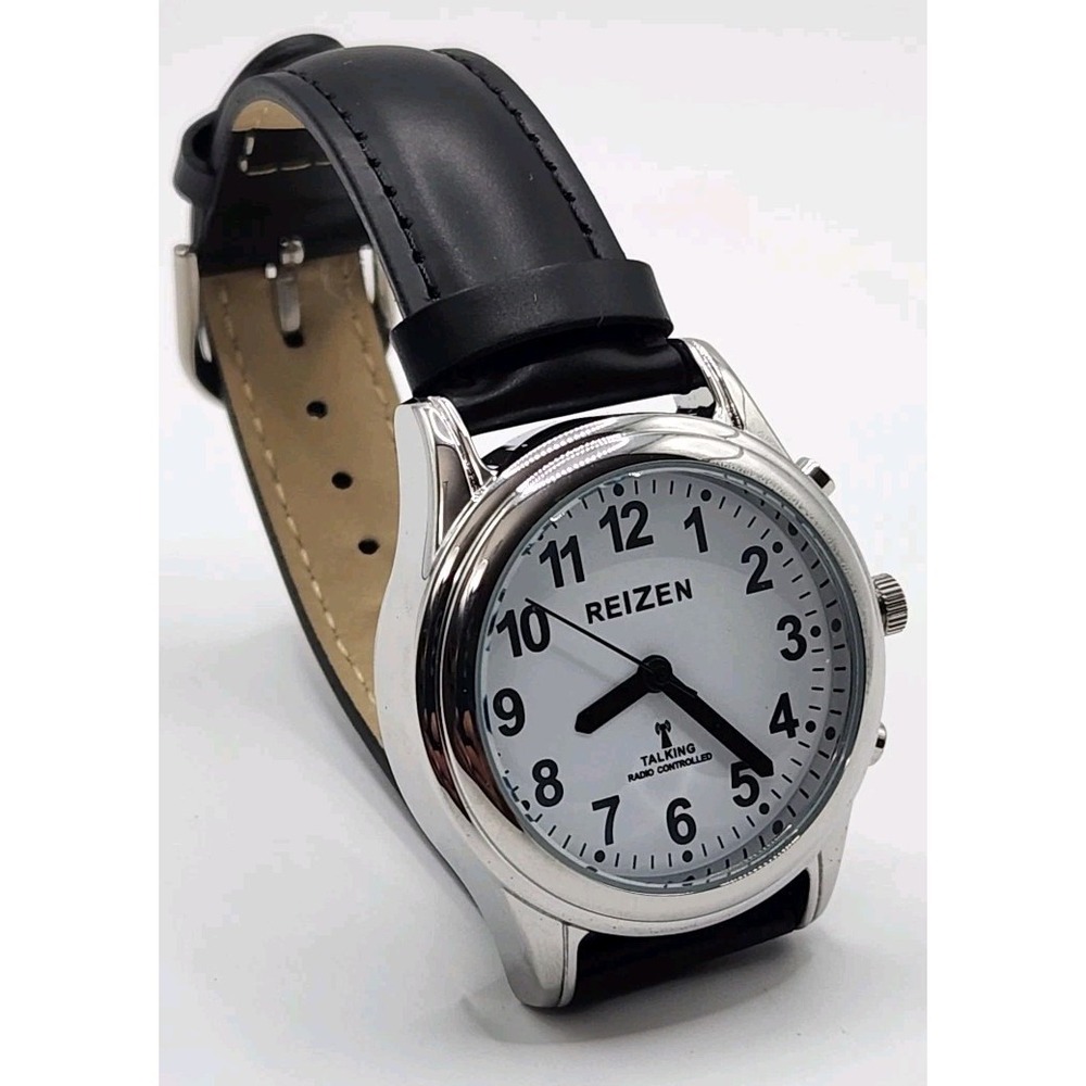Reizen Talking Radio Controlled Watch Leather Strap Silver Case Box